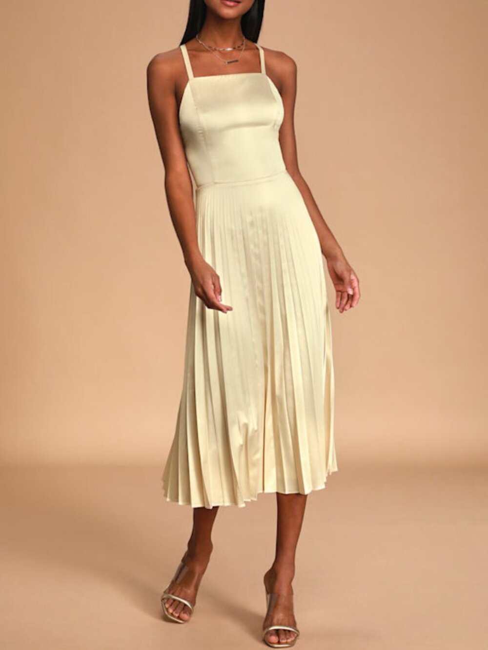 Lulus Give Us A Twirl Champagne Satin Pleated Midi Dress Beige - Size M